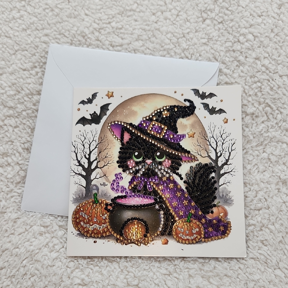 Halloween Cat Greeting Card with Purple Accents Diamond Painting Art Frameable